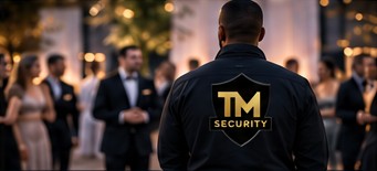 TM Security officer overseeing guests at an evening event