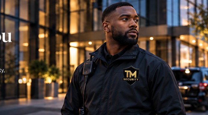 TM Security officer standing watch outside a lit office building at dusk