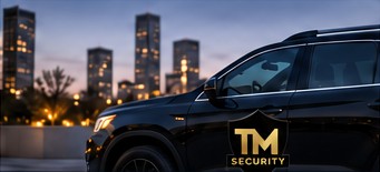 Black TM Security patrol vehicle against a city skyline