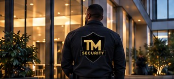 Officer in a TM Security jacket watching a building entrance